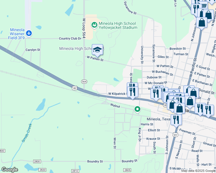 map of restaurants, bars, coffee shops, grocery stores, and more near 662 West Kilpatrick Street in Mineola