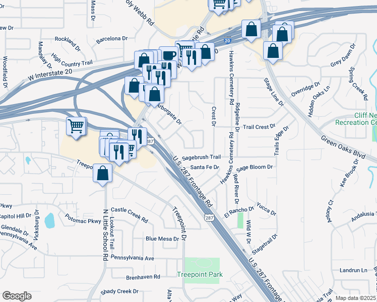 map of restaurants, bars, coffee shops, grocery stores, and more near 5930 Sagebrush Trail in Arlington