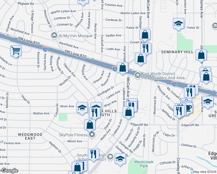 map of restaurants, bars, coffee shops, grocery stores, and more near 2829 Southgate Drive in Fort Worth