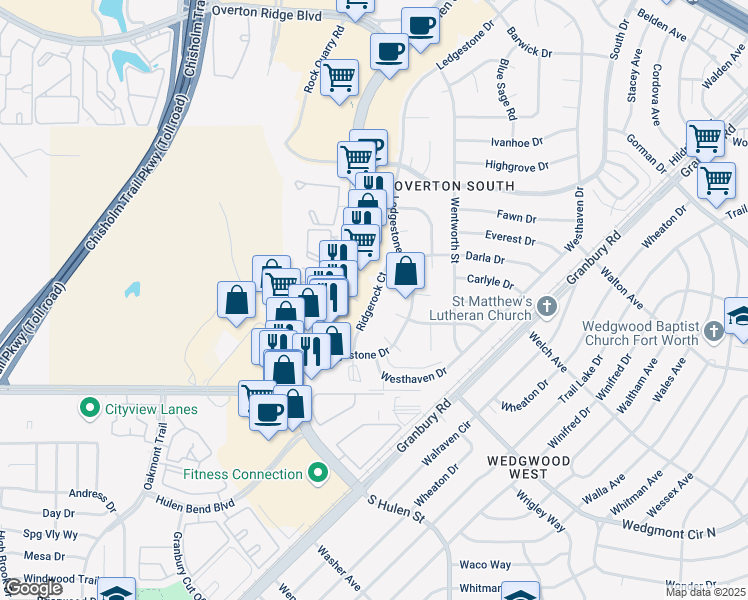 map of restaurants, bars, coffee shops, grocery stores, and more near 5714 Ridgerock Court in Fort Worth