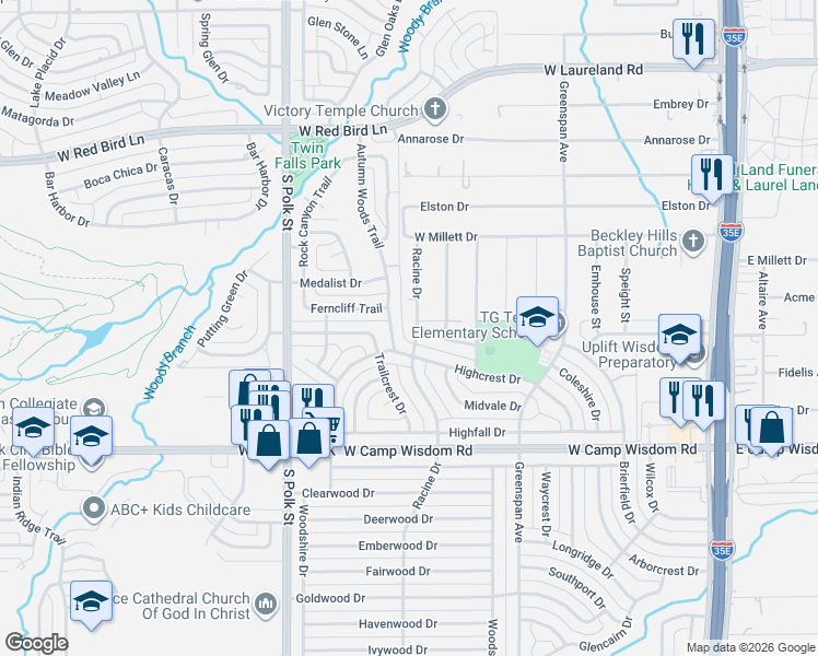 map of restaurants, bars, coffee shops, grocery stores, and more near 811 Highcrest Drive in Dallas