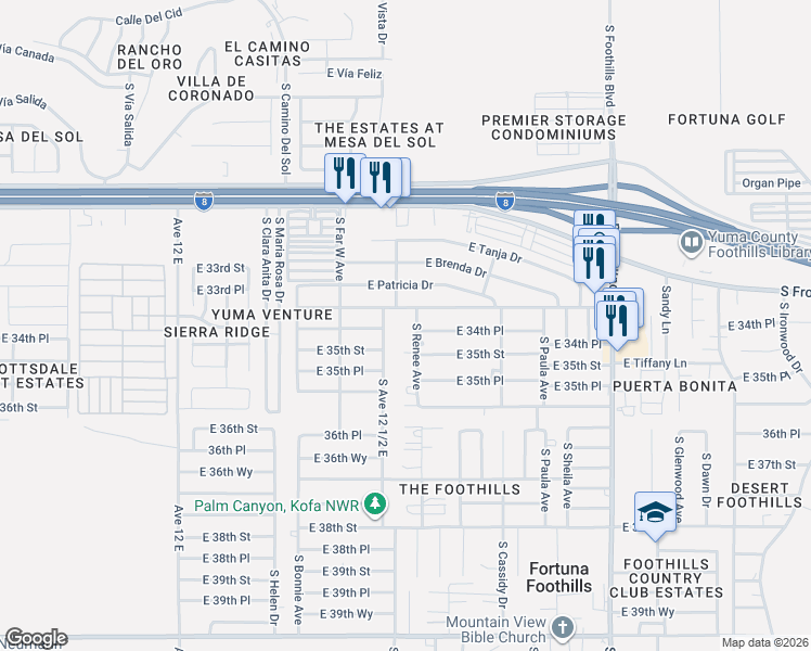 map of restaurants, bars, coffee shops, grocery stores, and more near 11341-11383 S Hunter Ave in Yuma
