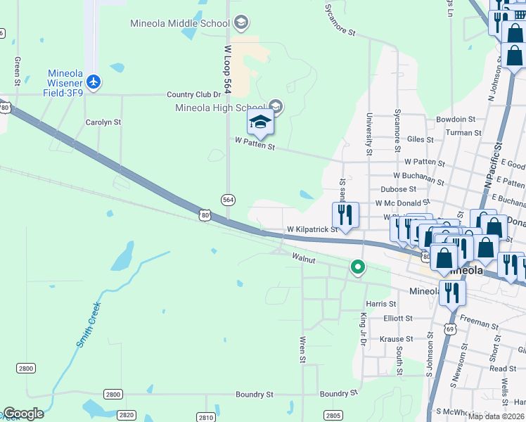 map of restaurants, bars, coffee shops, grocery stores, and more near 716 West Kilpatrick Street in Mineola