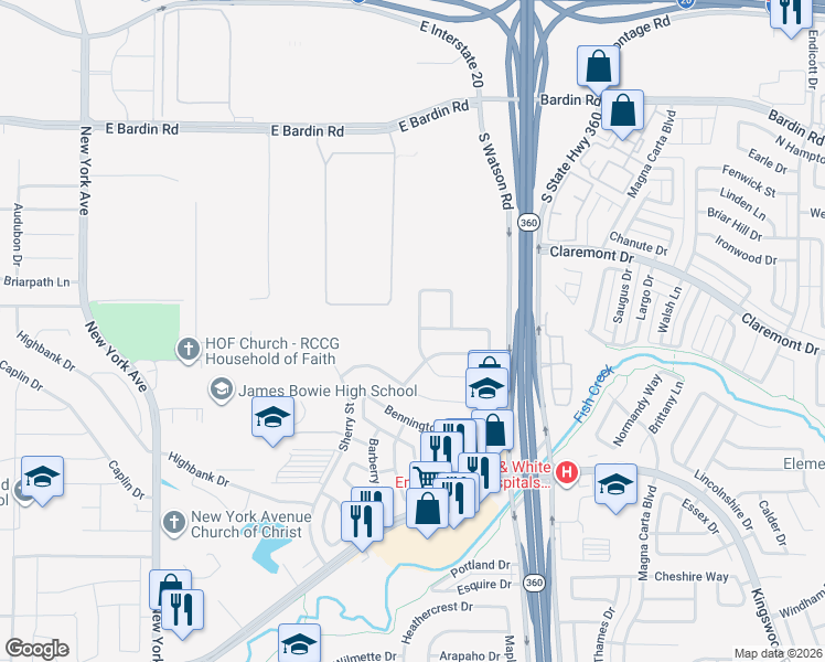 map of restaurants, bars, coffee shops, grocery stores, and more near 2415 Campfire Creek Drive in Arlington
