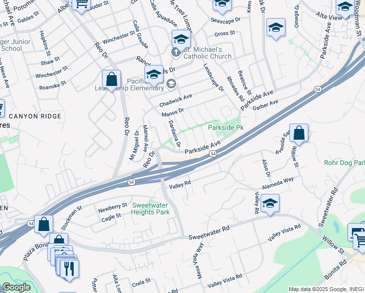 map of restaurants, bars, coffee shops, grocery stores, and more near 6101 Parkside Avenue in San Diego