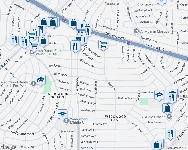 map of restaurants, bars, coffee shops, grocery stores, and more near 3717 Wedgway Drive in Fort Worth