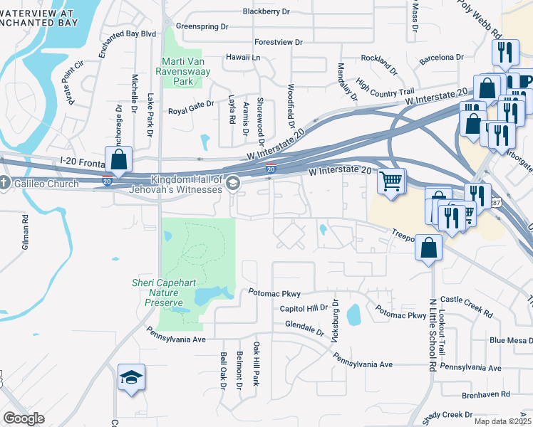 map of restaurants, bars, coffee shops, grocery stores, and more near 7001 Silber Road in Arlington