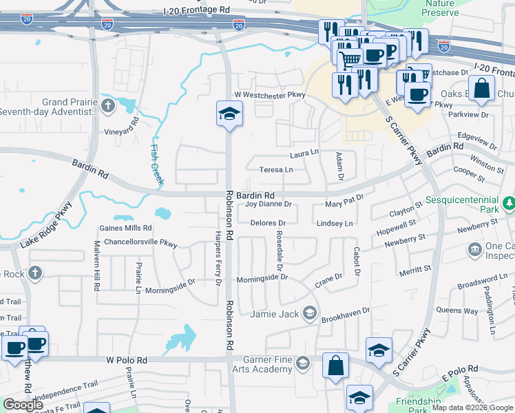 map of restaurants, bars, coffee shops, grocery stores, and more near 640 Joy Dianne Drive in Grand Prairie