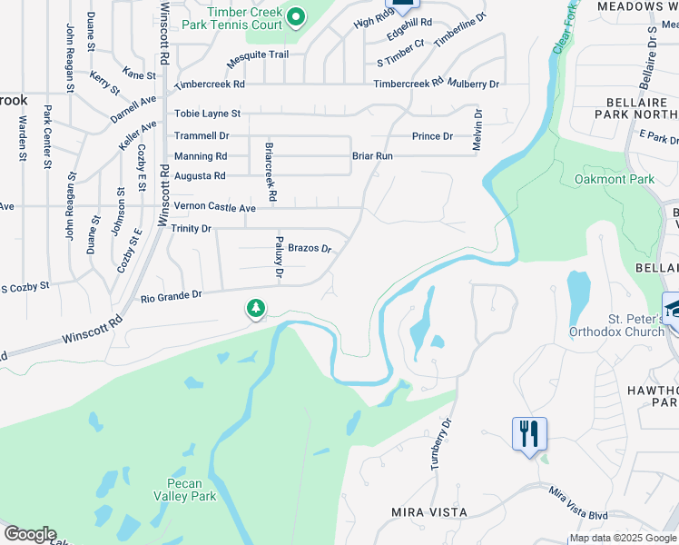 map of restaurants, bars, coffee shops, grocery stores, and more near 99 San Gabriel Court in Fort Worth