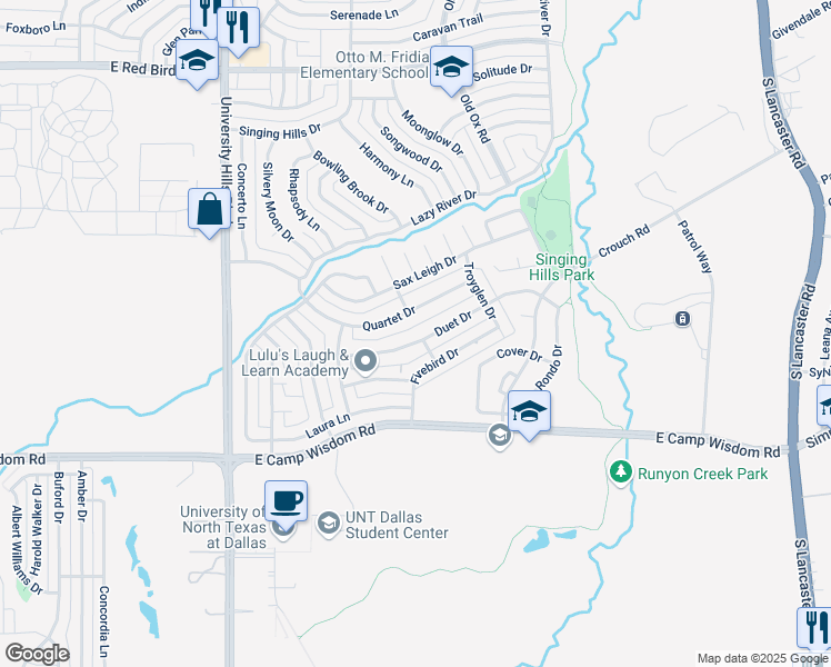 map of restaurants, bars, coffee shops, grocery stores, and more near 1516 Quartet Drive in Dallas