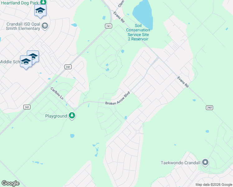 map of restaurants, bars, coffee shops, grocery stores, and more near 2210 Wildlife Reserve Way in Crandall