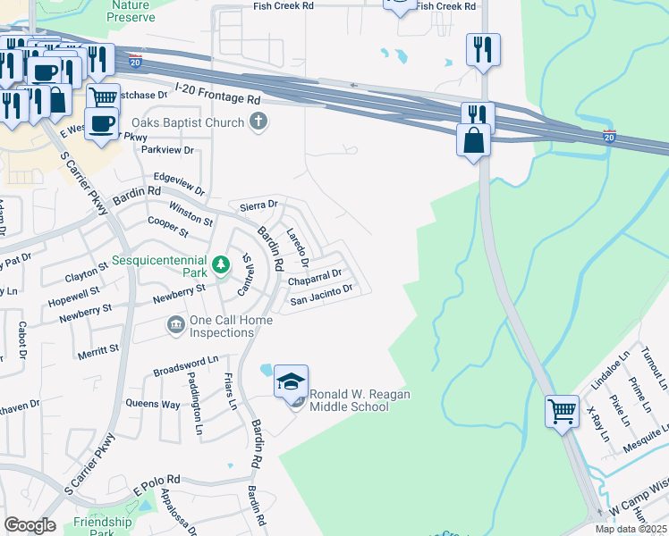 map of restaurants, bars, coffee shops, grocery stores, and more near 864 Chaparral Drive in Grand Prairie