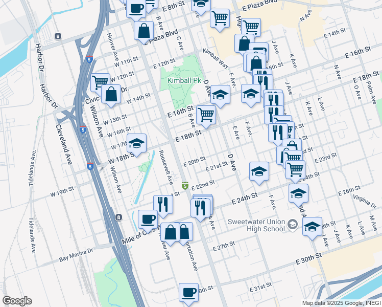 map of restaurants, bars, coffee shops, grocery stores, and more near 1919 A Avenue in National City