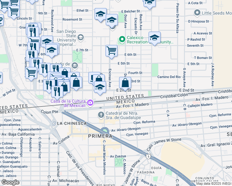 map of restaurants, bars, coffee shops, grocery stores, and more near 206 Encinas Avenue in Calexico