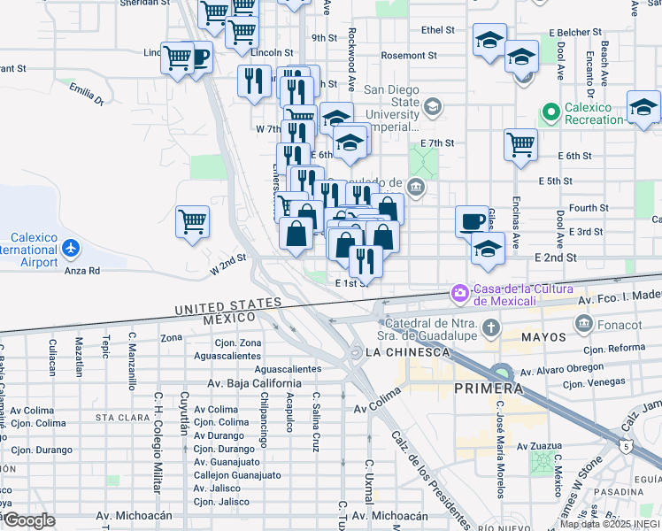 map of restaurants, bars, coffee shops, grocery stores, and more near 127 East 2nd Street in Calexico