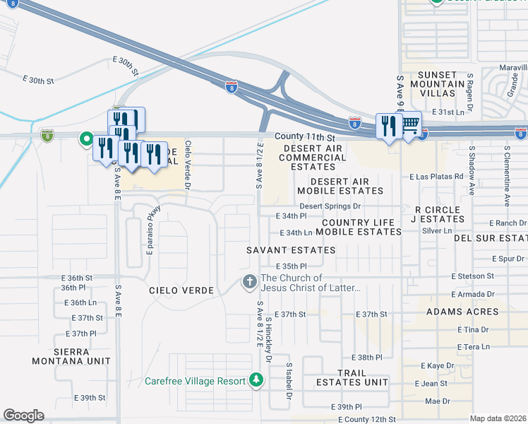 map of restaurants, bars, coffee shops, grocery stores, and more near 8512 East 34th Place in Yuma