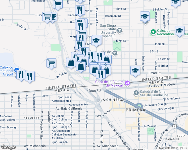 map of restaurants, bars, coffee shops, grocery stores, and more near 127 East 2nd Street in Calexico