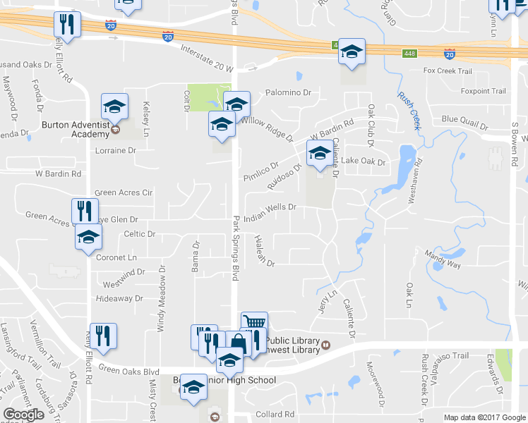map of restaurants, bars, coffee shops, grocery stores, and more near 3645 Indian Wells Drive in Arlington
