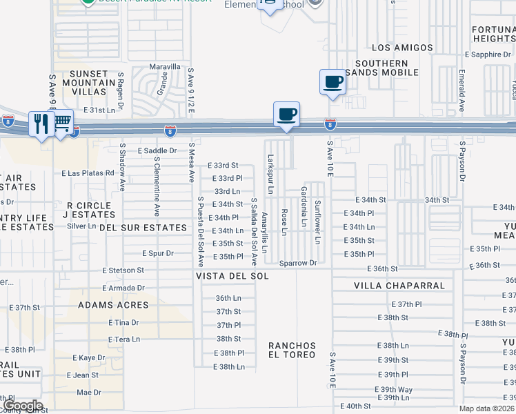map of restaurants, bars, coffee shops, grocery stores, and more near Amaryllis Lane in Yuma