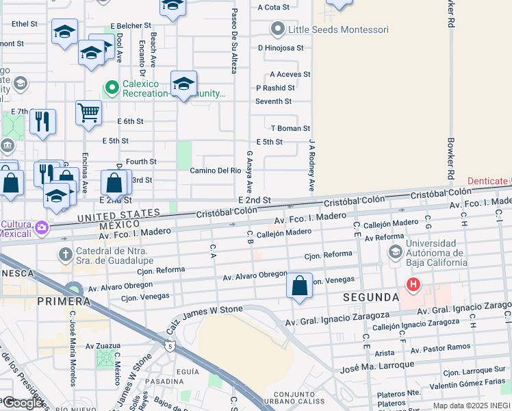 map of restaurants, bars, coffee shops, grocery stores, and more near 205 J A Rodney Ave in Calexico