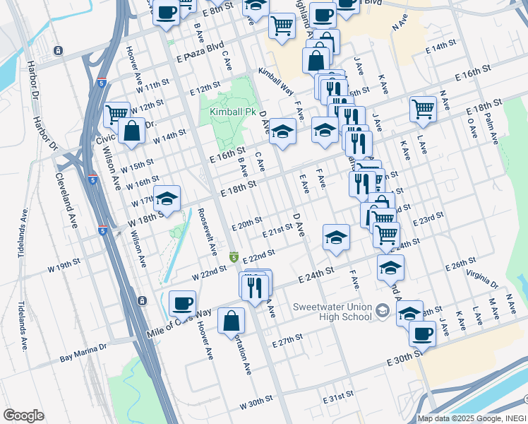 map of restaurants, bars, coffee shops, grocery stores, and more near 1906 C Avenue in National City