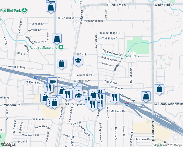 map of restaurants, bars, coffee shops, grocery stores, and more near 1019 Oriole Boulevard in Duncanville