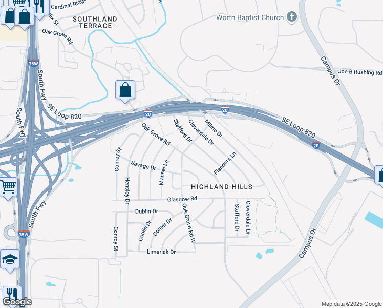 map of restaurants, bars, coffee shops, grocery stores, and more near 1409 Stafford Drive in Fort Worth