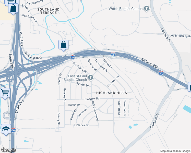 map of restaurants, bars, coffee shops, grocery stores, and more near 1313 Oak Grove Road in Fort Worth