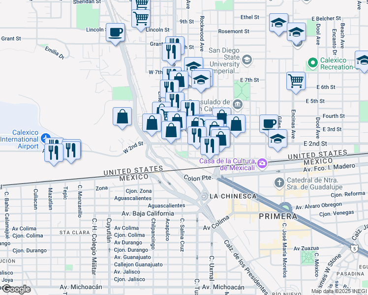 map of restaurants, bars, coffee shops, grocery stores, and more near 212 Imperial Avenue in Calexico