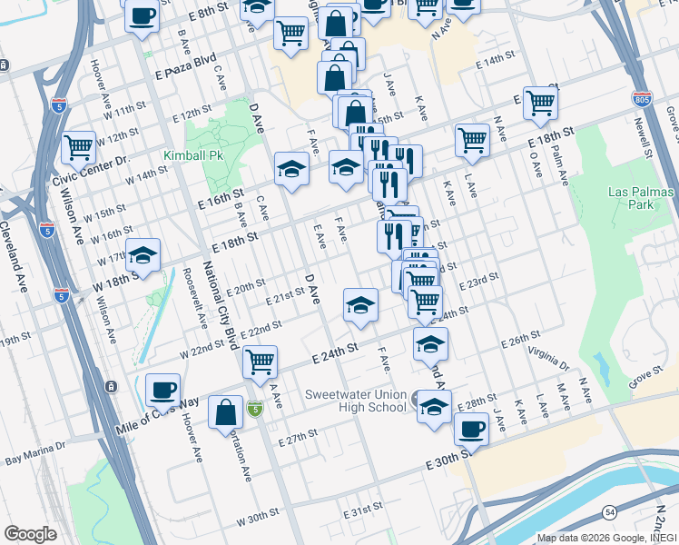 map of restaurants, bars, coffee shops, grocery stores, and more near 2031 E Avenue in National City