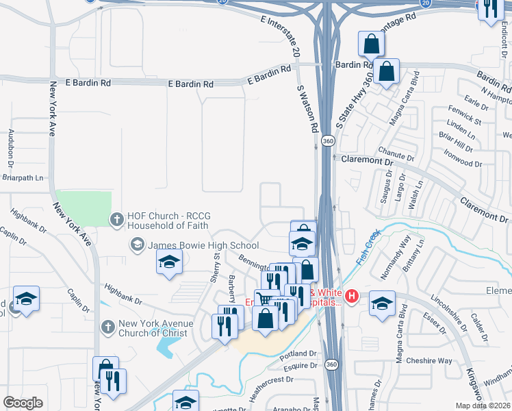 map of restaurants, bars, coffee shops, grocery stores, and more near 5007 Eastcreek Drive in Arlington