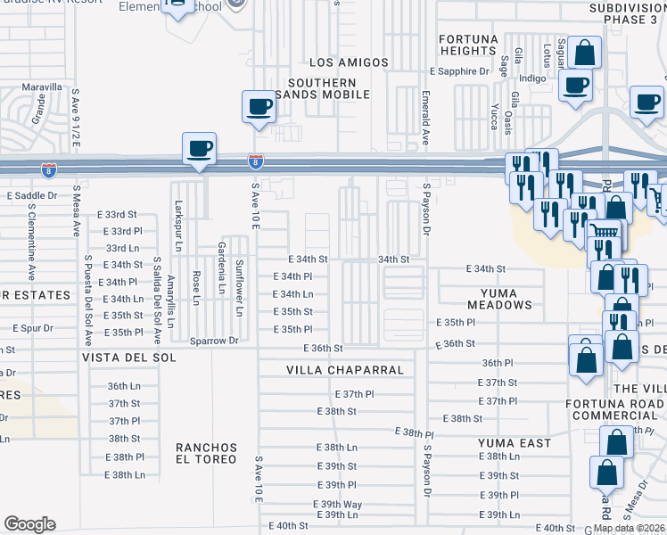 map of restaurants, bars, coffee shops, grocery stores, and more near 10573 East 34th Street in Yuma