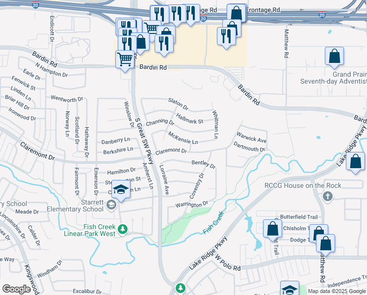 map of restaurants, bars, coffee shops, grocery stores, and more near 2458 Claremont Drive in Grand Prairie