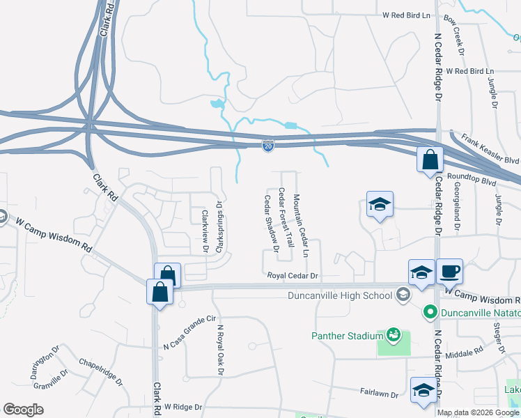 map of restaurants, bars, coffee shops, grocery stores, and more near 6712 Cedar Shadow Drive in Dallas