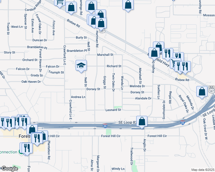 map of restaurants, bars, coffee shops, grocery stores, and more near 6233 Griggs Street in Forest Hill