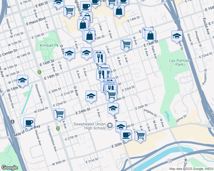 map of restaurants, bars, coffee shops, grocery stores, and more near 2030 Highland Avenue in National City