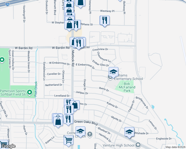 map of restaurants, bars, coffee shops, grocery stores, and more near 4911 Hibiscus Drive in Arlington