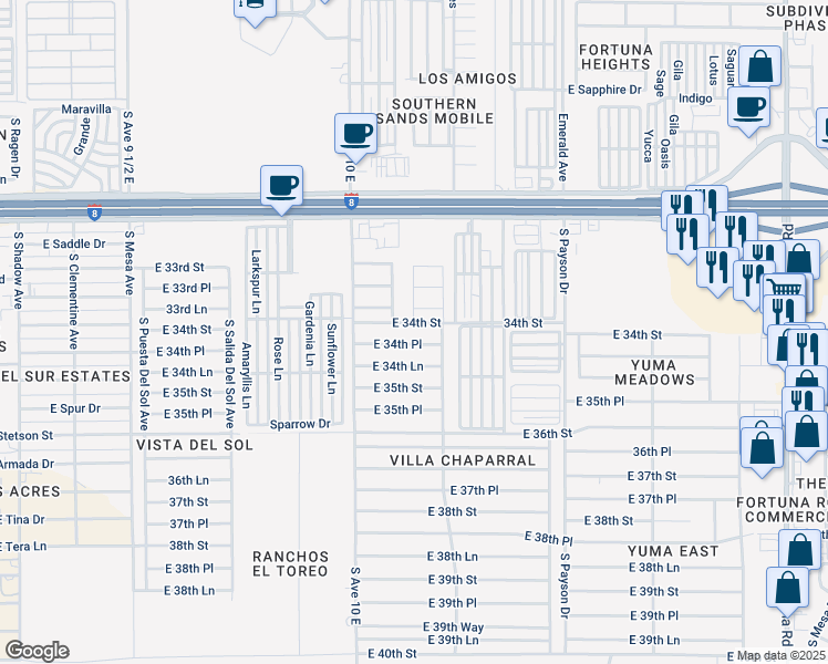 map of restaurants, bars, coffee shops, grocery stores, and more near 10573 East 34th Street in Yuma