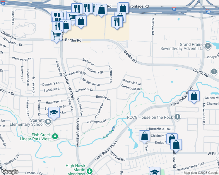 map of restaurants, bars, coffee shops, grocery stores, and more near 2410 Claremont Drive in Grand Prairie