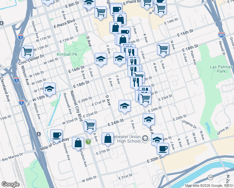 map of restaurants, bars, coffee shops, grocery stores, and more near 2029 E Avenue in National City