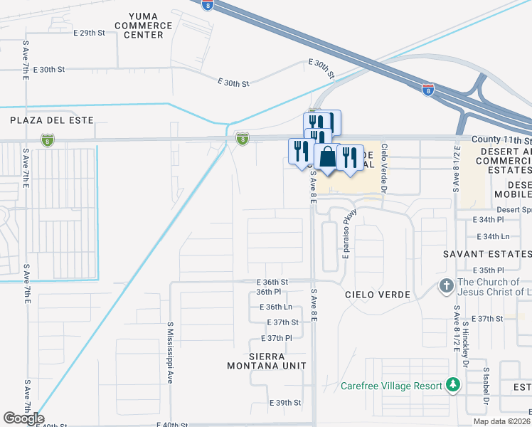 map of restaurants, bars, coffee shops, grocery stores, and more near 3325 South Avenue 8 East in Yuma