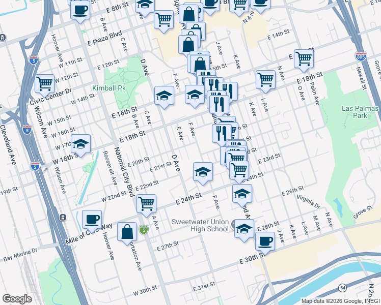 map of restaurants, bars, coffee shops, grocery stores, and more near 2029 E Avenue in National City