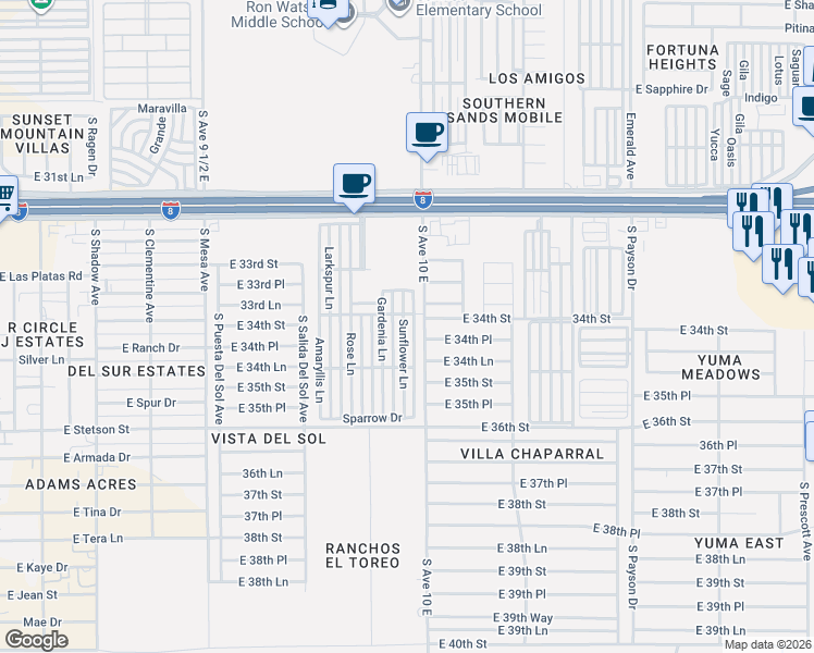map of restaurants, bars, coffee shops, grocery stores, and more near Hummingbird Drive in Yuma