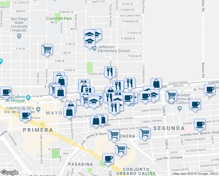 map of restaurants, bars, coffee shops, grocery stores, and more near 1165 East 2nd Street in Calexico