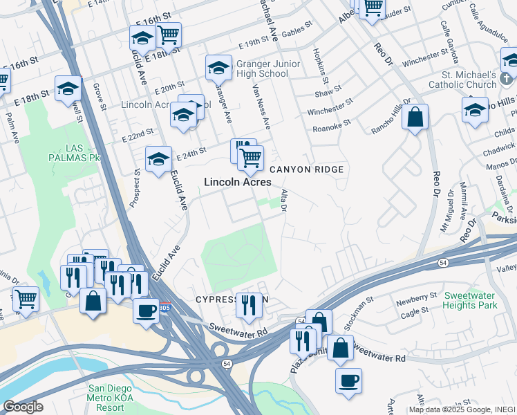 map of restaurants, bars, coffee shops, grocery stores, and more near 2775 Chaffee Street in National City