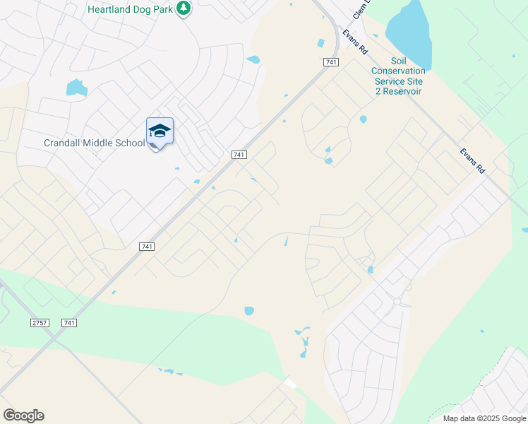 map of restaurants, bars, coffee shops, grocery stores, and more near Harwell Drive in Crandall