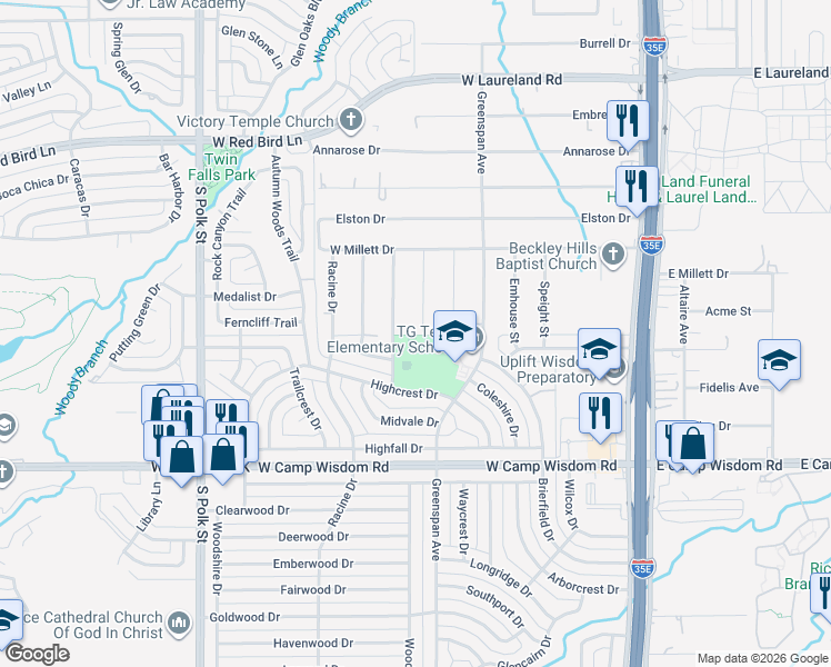 map of restaurants, bars, coffee shops, grocery stores, and more near 6628 Meade Street in Dallas