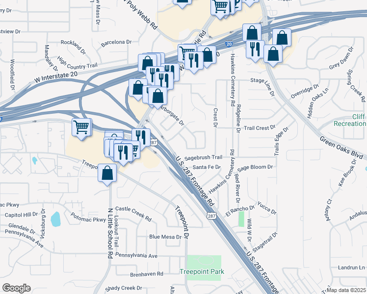 map of restaurants, bars, coffee shops, grocery stores, and more near 4911 Canberra Lane in Arlington