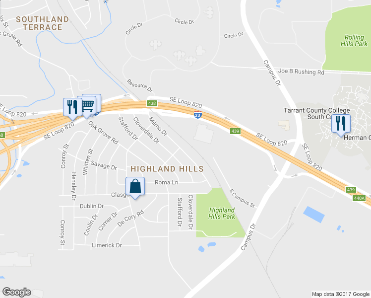 map of restaurants, bars, coffee shops, grocery stores, and more near 1441 Milmo Drive in Fort Worth