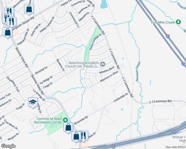 map of restaurants, bars, coffee shops, grocery stores, and more near 4130 Wilshire Boulevard in Dallas